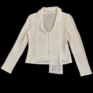 St. John Evening Ivory & Silver Metallic Knit Top Long Sleeve Medium